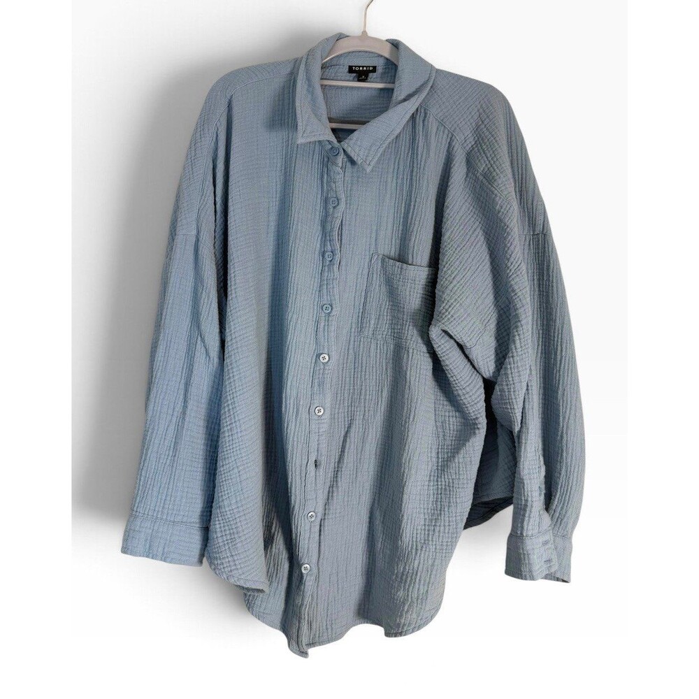 Torrid Button Down Shirt 3XL Blue Double Gauze Long Sleeve Cotton Pocket Boho